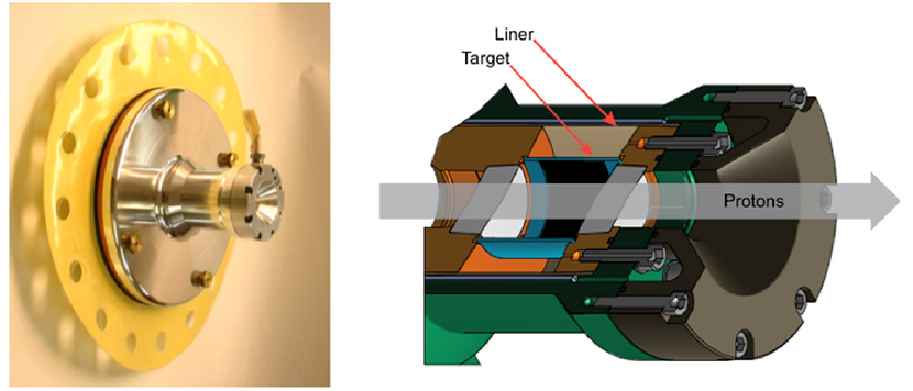 Figure 6. The PHELIX experimental cassette for the pRad experiment. (Left): Photo shows the assembled cassette prior to installation into the transformer. (Right): A cut-away schematic with the liner, target and proton trajectory indicated. The black region on the inside of the target represents the coating of tungsten particles. The initial outer diameter of the liner and target are 5.5 cm and 3 cm, respectively. The 2-cm diameter aluminum windows define the field of view of the proton radiographs.
