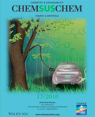 Figure 3. The journal cover shows a concept of using biomass to derive fuel and fuel molecules through simple catalytic transformations. Cover image by Josh Smith, LANL. 