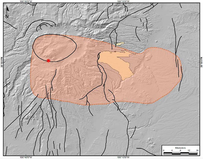 Figure     5.    Outcrop    extent    of    the    El    Cajete    Pyroclastic    Beds.    Red    asterisk    is    the    El    Cajete    vent,    and    orange    shading     represents    the    approximate    spatial    extent    of    the    El    Cajete    deposit.     Tan    shading    depicts    the    Laborat ory    boundary. Thick    black    lines    represent     unconcealed    faults.