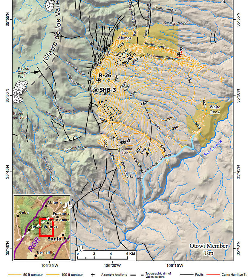 Figure 6. Structure contour map of the    Otowi    Member    surface    and     the       hypothetical    location    of    the     ancestral    Rio     Grande    based    on    data    modified    from    previous    studies.    The    black    arrow    marks    the    axis    of    a    south -­‐draining    paleovalley    incised    into    the    Otowi    Member.    Inset    map    shows    the    location    of    the    Jemez     Lineament    (JL)    and    the    Rio    Grande    Rift    (RGR).    