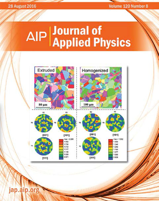 Figure     8.    The    cover    of    the     Journal    of    Applied    Physics     featured    research    into    the    dynamic    fracture    of    engineered     materials.     The    top    images    correspond    to    the    inverse    pole    figure    maps    of    the    annealed    extruded    CuPb    ( left )    and homogenized    CuPb    ( right ).    The    black    spots    in    the    CuPb    inverse    pole    figure    represent    Pb    particles.    The    bottom     images    are    the    textures    associated    with    these    microstructures.
