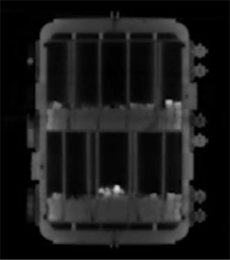 Figure     4.    Radiograph    of    STACI    inner    vessel    showing    band    heaters    and    electrical    connectors,    stainless    steel    vessel     wall,    copper    wells    and    cubes    of    depleted    uranium    metal.