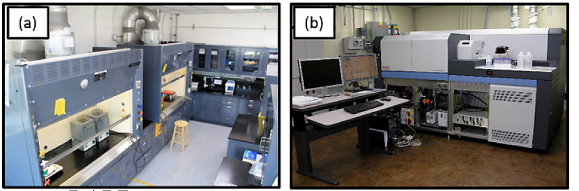 (a) The mid-level radiological lab where protactinium separation chemistry occurs, and (b) a ThermoScientific Neptune Plus inductively coupled plasma mass spectrometer used to analyze the purified fractions.