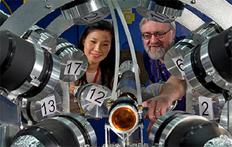 Hye Young Lee and John O'Donnell (LANSCE Weapons Physics, P-27) check the Chi-Nu instrument at the Weapons Neutron Research Facility.