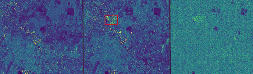 The left and center panels show satellite synthetic aperture radar imagery before and during the Bonnaroo music festival in Manchester, TN. The right panel shows each pixel marked by the degree of anomalousness. Note that the music festival is preferentially selected over other the ambient background changes.